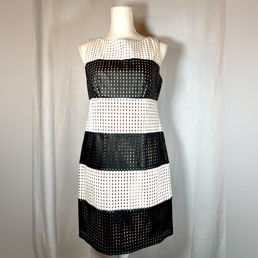 MUSE Vintage Black White “Leather” Midi Sleeveless Eyelet Nude Liner Dress Sz 6